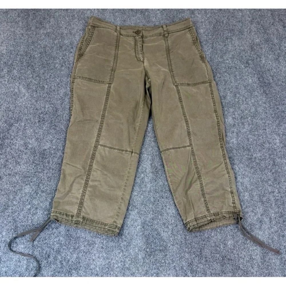 Eileen Fisher Cropped Green High Rise Capri Pants Drawstring Hem Pockets Size 12